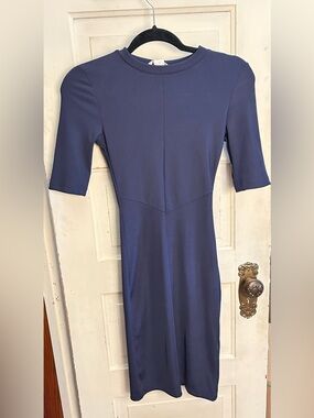 Classic Ribbed Navy Midi Dress with Elbow Sleeves